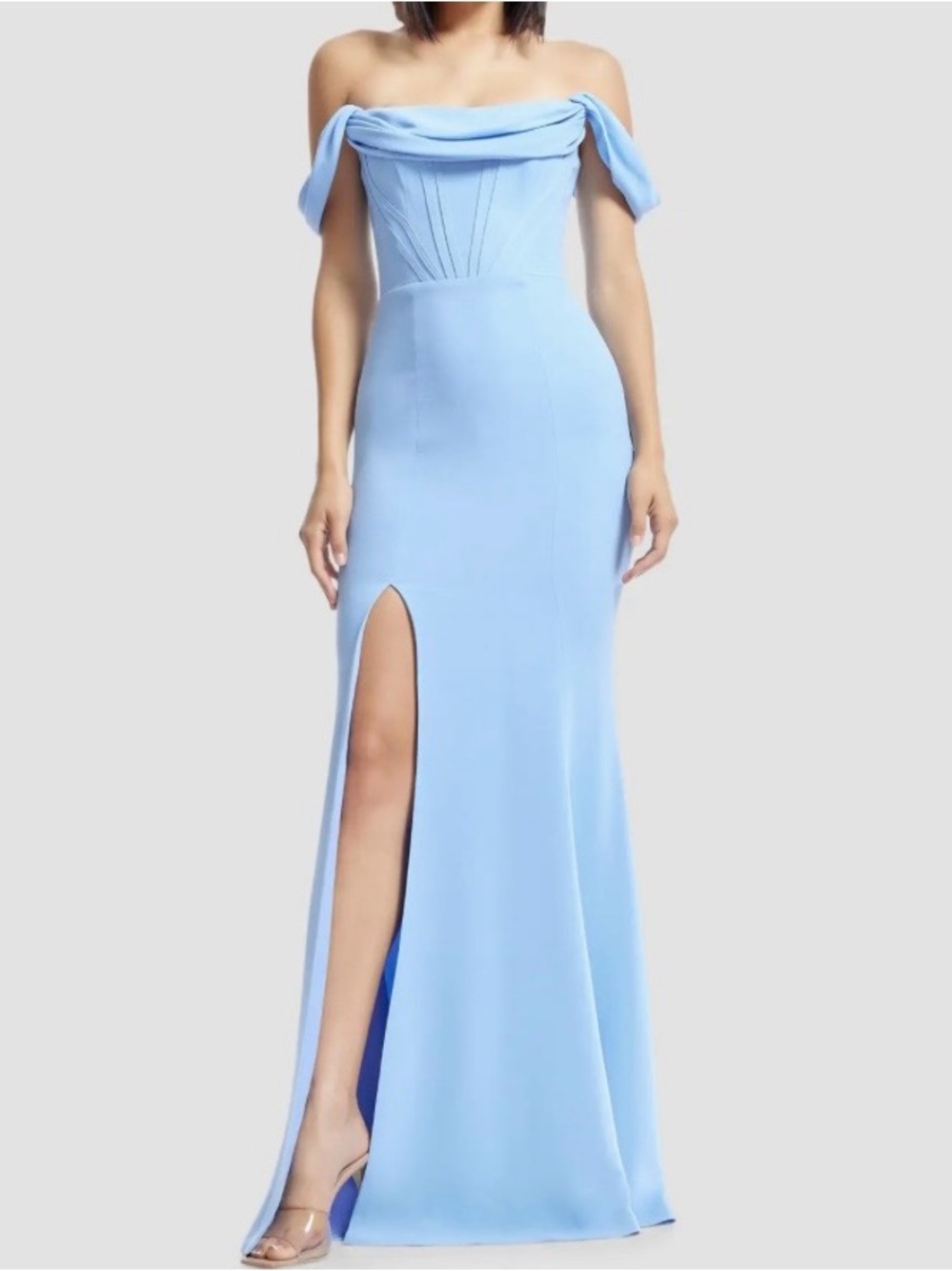 Dress the Population Sky Blue Off the Shoulder Evening Gown with High Slit